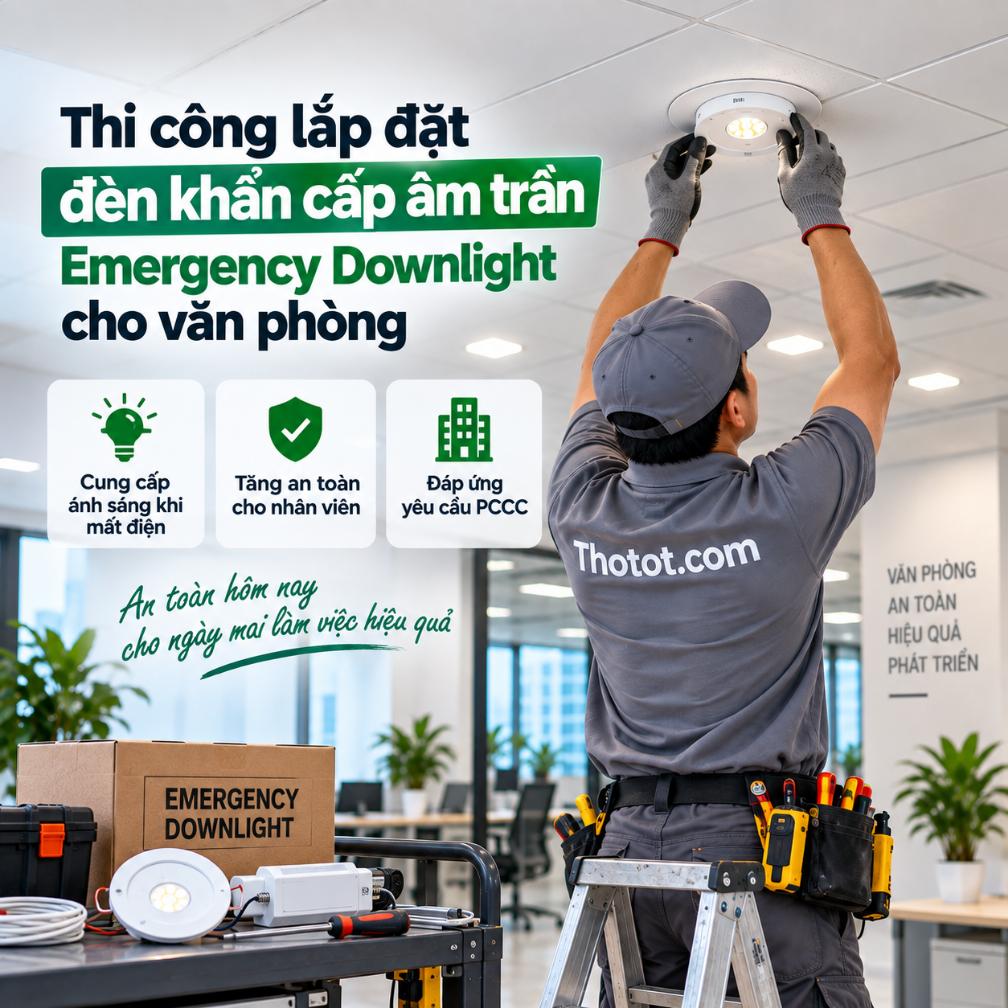 Thi công lắp đặt đèn khẩn cấp âm trần Emergency Downlight cho văn phòng
